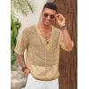 imageRuncati Mens Lace Up Beach Shirts Hollow Out V Neck Half Sleeve T Shirts Knit Crochet See Through Summer TopsKhaki