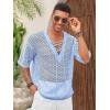 imageRuncati Mens Lace Up Beach Shirts Hollow Out V Neck Half Sleeve T Shirts Knit Crochet See Through Summer TopsLight Blue