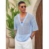 imageRuncati Mens Lace Up Beach Shirts Hollow Out V Neck Half Sleeve T Shirts Knit Crochet See Through Summer TopsLight Blue