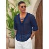 imageRuncati Mens Lace Up Beach Shirts Hollow Out V Neck Half Sleeve T Shirts Knit Crochet See Through Summer TopsNavy Blue