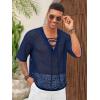 imageRuncati Mens Lace Up Beach Shirts Hollow Out V Neck Half Sleeve T Shirts Knit Crochet See Through Summer TopsNavy Blue