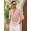 imageRuncati Mens Lace Up Beach Shirts Hollow Out V Neck Half Sleeve T Shirts Knit Crochet See Through Summer TopsPink