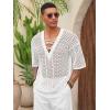 imageRuncati Mens Lace Up Beach Shirts Hollow Out V Neck Half Sleeve T Shirts Knit Crochet See Through Summer TopsWhite