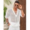 imageRuncati Mens Lace Up Beach Shirts Hollow Out V Neck Half Sleeve T Shirts Knit Crochet See Through Summer TopsWhite