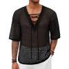 imageRuncati Mens Lace Up Beach Shirts Hollow Out V Neck Half Sleeve T Shirts Knit Crochet See Through Summer TopsBlack