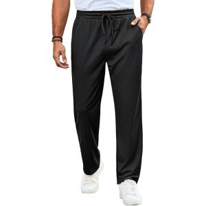 imageRuncati Mens Casual Pants Drawstring Elastic Waist Ribbed Sweatpants Straight Leg Loose Fit TrousersBlack