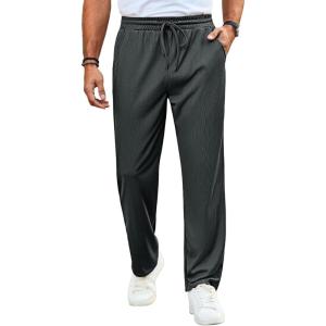 imageRuncati Mens Casual Pants Drawstring Elastic Waist Ribbed Sweatpants Straight Leg Loose Fit TrousersDark Grey