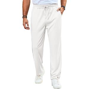 imageRuncati Mens Casual Pants Drawstring Elastic Waist Ribbed Sweatpants Straight Leg Loose Fit TrousersWhite