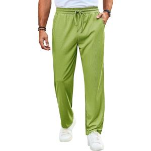 imageRuncati Mens Casual Pants Drawstring Elastic Waist Ribbed Sweatpants Straight Leg Loose Fit TrousersYellow Green