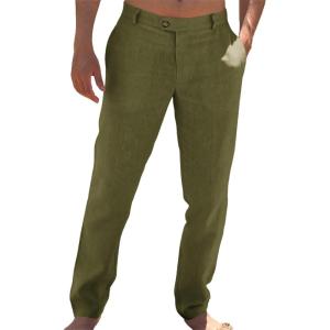imageRuncati Mens Casual Pants Elastic Waist Linen Lightweight StraightLegs Loose Fit Summer Beach Yoga TrousersArmy Green