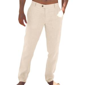 imageRuncati Mens Casual Pants Elastic Waist Linen Lightweight StraightLegs Loose Fit Summer Beach Yoga TrousersBeige