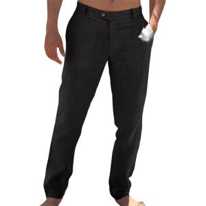 imageRuncati Mens Casual Pants Elastic Waist Linen Lightweight StraightLegs Loose Fit Summer Beach Yoga TrousersBlack