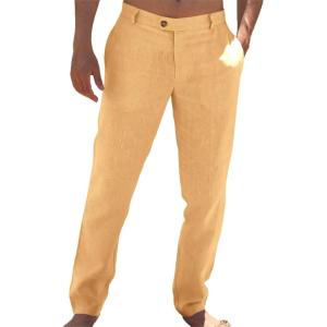 imageRuncati Mens Casual Pants Elastic Waist Linen Lightweight StraightLegs Loose Fit Summer Beach Yoga TrousersMustard Yellow