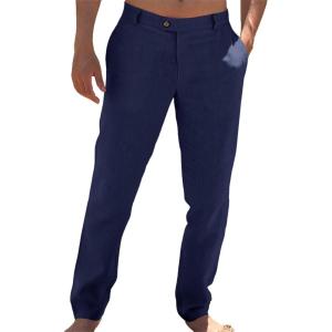 imageRuncati Mens Casual Pants Elastic Waist Linen Lightweight StraightLegs Loose Fit Summer Beach Yoga TrousersNavy