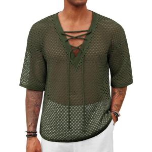 imageRuncati Mens Lace Up Beach Shirts Hollow Out V Neck Half Sleeve T Shirts Knit Crochet See Through Summer TopsArmy Green