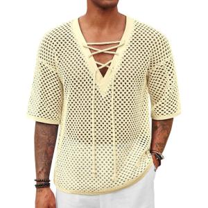 imageRuncati Mens Lace Up Beach Shirts Hollow Out V Neck Half Sleeve T Shirts Knit Crochet See Through Summer TopsBeige