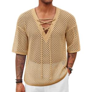 imageRuncati Mens Lace Up Beach Shirts Hollow Out V Neck Half Sleeve T Shirts Knit Crochet See Through Summer TopsKhaki