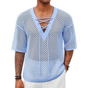 imageRuncati Mens Lace Up Beach Shirts Hollow Out V Neck Half Sleeve T Shirts Knit Crochet See Through Summer TopsLight Blue