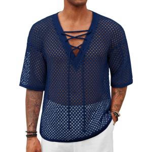 imageRuncati Mens Lace Up Beach Shirts Hollow Out V Neck Half Sleeve T Shirts Knit Crochet See Through Summer TopsNavy Blue