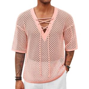 imageRuncati Mens Lace Up Beach Shirts Hollow Out V Neck Half Sleeve T Shirts Knit Crochet See Through Summer TopsPink