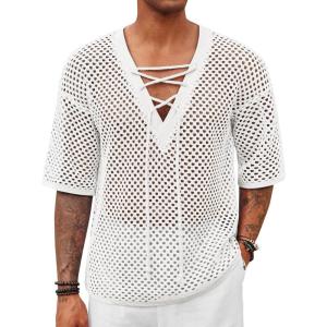 imageRuncati Mens Lace Up Beach Shirts Hollow Out V Neck Half Sleeve T Shirts Knit Crochet See Through Summer TopsWhite