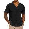 imageRuncati Mens Casual Button Down Shirts Short Sleeve Cuban Collar Textured Shirt Beach Summer Stretch TopsBlack