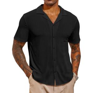imageRuncati Mens Casual Button Down Shirts Short Sleeve Cuban Collar Textured Shirt Beach Summer Stretch TopsBlack