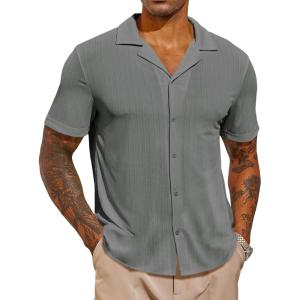 imageRuncati Mens Casual Button Down Shirts Short Sleeve Cuban Collar Textured Shirt Beach Summer Stretch TopsGrey