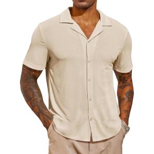 imageRuncati Mens Casual Button Down Shirts Short Sleeve Cuban Collar Textured Shirt Beach Summer Stretch TopsLight Khaki