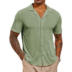 imageRuncati Mens Casual Button Down Shirts Short Sleeve Cuban Collar Textured Shirt Beach Summer Stretch TopsMint