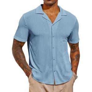 imageRuncati Mens Casual Button Down Shirts Short Sleeve Cuban Collar Textured Shirt Beach Summer Stretch TopsSky Blue