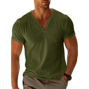 imageRuncati Mens Casual T Shirts Short Sleeve V Neck Henley Shirt Button Basic Fashion Summer Beach Tee TopsArmy Green