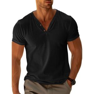 imageRuncati Mens Casual T Shirts Short Sleeve V Neck Henley Shirt Button Basic Fashion Summer Beach Tee TopsBlack