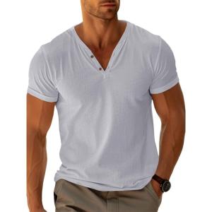 imageRuncati Mens Casual T Shirts Short Sleeve V Neck Henley Shirt Button Basic Fashion Summer Beach Tee TopsGrey