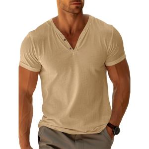 imageRuncati Mens Casual T Shirts Short Sleeve V Neck Henley Shirt Button Basic Fashion Summer Beach Tee TopsKhaki