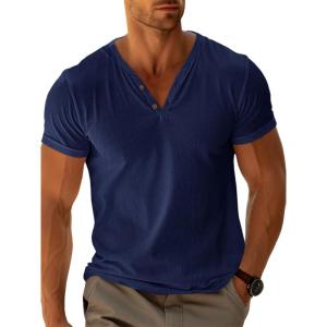 imageRuncati Mens Casual T Shirts Short Sleeve V Neck Henley Shirt Button Basic Fashion Summer Beach Tee TopsNavy Blue