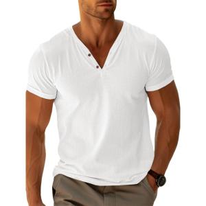 imageRuncati Mens Casual T Shirts Short Sleeve V Neck Henley Shirt Button Basic Fashion Summer Beach Tee TopsWhite