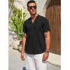 imageRuncati Mens Casual Henley Shirts Linen Short Sleeve V Neck Band Collar Shirt Beach Summer Hippie Lightweight TopsBlack