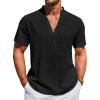 imageRuncati Mens Casual Henley Shirts Linen Short Sleeve V Neck Band Collar Shirt Beach Summer Hippie Lightweight TopsBlack