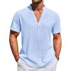 imageRuncati Mens Casual Henley Shirts Linen Short Sleeve V Neck Band Collar Shirt Beach Summer Hippie Lightweight TopsSky Blue