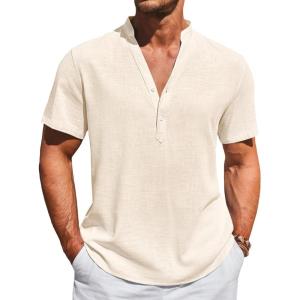 imageRuncati Mens Casual Henley Shirts Linen Short Sleeve V Neck Band Collar Shirt Beach Summer Hippie Lightweight TopsBeige