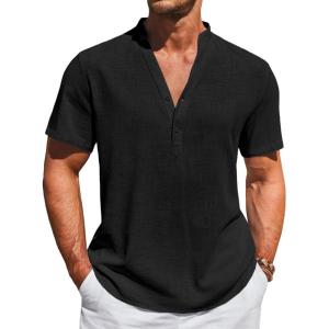 imageRuncati Mens Casual Henley Shirts Linen Short Sleeve V Neck Band Collar Shirt Beach Summer Hippie Lightweight TopsBlack