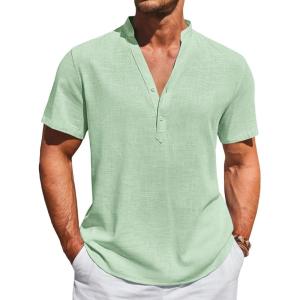 imageRuncati Mens Casual Henley Shirts Linen Short Sleeve V Neck Band Collar Shirt Beach Summer Hippie Lightweight TopsMint