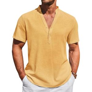 imageRuncati Mens Casual Henley Shirts Linen Short Sleeve V Neck Band Collar Shirt Beach Summer Hippie Lightweight TopsMustard Yellow