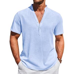 imageRuncati Mens Casual Henley Shirts Linen Short Sleeve V Neck Band Collar Shirt Beach Summer Hippie Lightweight TopsSky Blue
