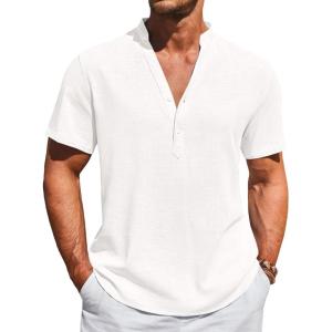 imageRuncati Mens Casual Henley Shirts Linen Short Sleeve V Neck Band Collar Shirt Beach Summer Hippie Lightweight TopsWhite