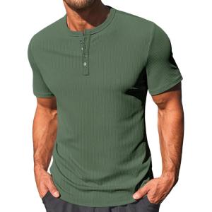 imageRuncati Mens Henley Shirts Short Sleeve Casual Ribbed Knitted Summer TShirt Slim Fit Workout Muscle TopsArmy Green