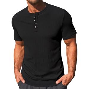 imageRuncati Mens Henley Shirts Short Sleeve Casual Ribbed Knitted Summer TShirt Slim Fit Workout Muscle TopsBlack