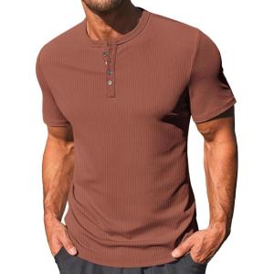 imageRuncati Mens Henley Shirts Short Sleeve Casual Ribbed Knitted Summer TShirt Slim Fit Workout Muscle TopsBrown
