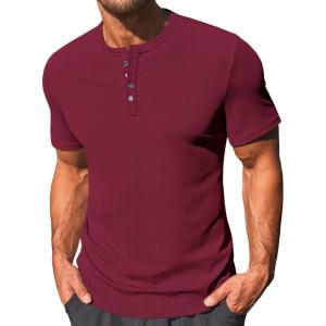 imageRuncati Mens Henley Shirts Short Sleeve Casual Ribbed Knitted Summer TShirt Slim Fit Workout Muscle TopsBurgundy